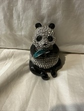 Enamel Bejeweled Panda with Leaf Trinket Box. Vintage 3”x2.5” Black & Rhinestone picture