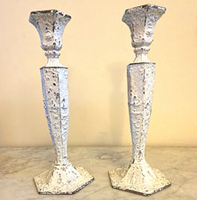Antique WEIDLICH BROTHERS Candle Stick Holder Pair Painted White Distressed picture