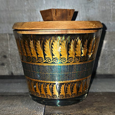 Vintage Mid-Century Modern Ice Bucket Wood Lid Gold Leaf Green Band Design picture