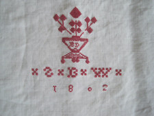 Antique Redwork Linen Double Panel Tablecloth Or Sheet 1802 picture