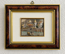 Vintage Italian 3D Bas Relief Coastal Village Canal Scene Wall Art Wood Framed. picture
