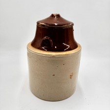 Antique Two Tone Stoneware/No -Iron Clamping Bail/ Lid Covered Crock Brown Glaze picture