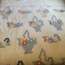 Vintage “Grandmother’s Flower Garden Basket” Quilt Cottagcore 1938 Signed FLAWS picture