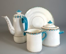 Antique W. A. Adderley Teapot Set & Plate White, Gold & Turquoise EUC picture