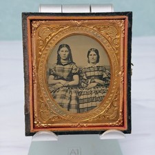 1/6th Plate Ambrotype Pair Sitting Young Woman Plaid Dresses Full Union Case picture