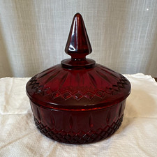 Red Glass Lidded Trinket Dish Candy Jar with Pointed Finial Lid picture