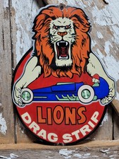 VINTAGE LIONS DRAG STRIP PORCELAIN SIGN OLD WILMINGTON CALIFORNIA RACING CLUB picture