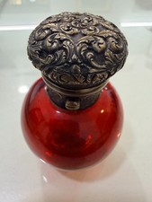 Antique Silver Top Button Hallmarked Cranberry Red Mordan & Co London Bottle picture