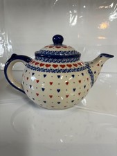 VENA UNIKAT Polish Pottery Teapot Red Blue Hearts Hand Painted Poland Signed picture