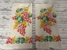 Vintage 1950s Cotton Kitchen Towels PAIR Floral Grapes Green Red Yellow picture