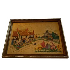 Vintage Needlepoint Print Cottage Scene Cottage Core Framed Art 13x10