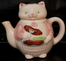 Vintage, Slightly petuned, Little Kitten eating breakfast sausage Teapot picture