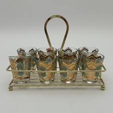 Vintage MCM Teal Gold Chevron 8 Piece Shot Glass Set with Brass Carrier Caddy picture