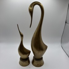 2 Vintage Brass Swan Figurine Set Large Mid Century Sculpture Statue 12.5” & 9” picture
