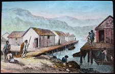 BRONZE AGE SWISS LAKE VILLAGE C1910 ANTIQUE TINTED Magic Lantern Slide picture
