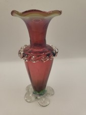 Antique Victorian Cranberry Glass Vase w Applied Petal Feet & Rigaree 1880 GLOWS picture
