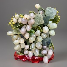 Large Vtg Carved Jade Glass Grape Tree Celadon Quartz Stone Bonsai Wood Base picture
