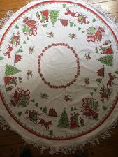 Vtg Mid Century Christmas Fringe Tablecloth Round Sleigh Carolers 58” diameter  picture