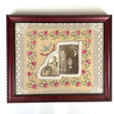Antique French Silk Linen Floral Embroidery Lace Photo Framed Souvenir of France picture