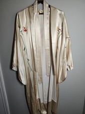 Vtg 1940's Embroidered Silk Kimono Robe Hand Stitched Souvenir Peonies Bird picture