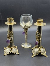 VTG Brass & Glass Art Nouveau Style Candlesticks  picture