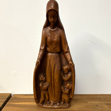 Vintage Hand Carved Wood Madonna Virgin Mary Protectress of Children Plaque 15x6 picture
