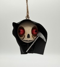 Pier 1 Imports Crazy Head Wooden Ornament 3.5” Grim Reaper Halloween Decor picture