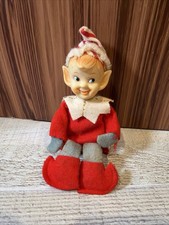 VTG Big Head Pixie Elf Knee Hugger Red Felt Christmas Shelf Sitter Rare picture