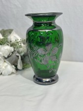 Beautiful 9” Bohemian Vintage Emerald Green Vase With Silver Flowers And Trim picture