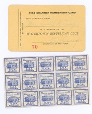 1952 Watertown Republican Club Membership Card GOP Ripon Centennial Stamp Sheets picture
