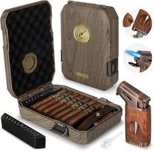 Travel Cigar Humidor Case - Cedar Lined, V Cut Cutter, Portable Humidor with Hum picture