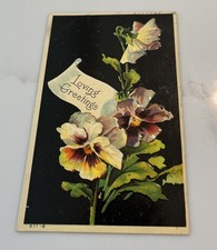 Antique 1910s Loving Greetings Postcard Embossed Pansies Floral Black Background picture