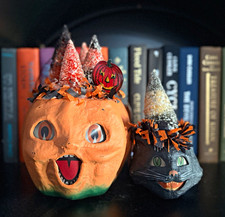 Bethany Lowe Papier Mache Hand Painted Jack-o'-Lantern & Black Cat Figurines 2 picture