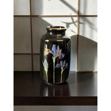 Vintage Otagiri Blue Iris Miniature Bud Vase Black Made in Japan Gold Trim picture