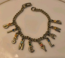 Vtg 50s Little Miss Disneyland Early Disney Charm Bracelet Rhinestone Gold Tone picture