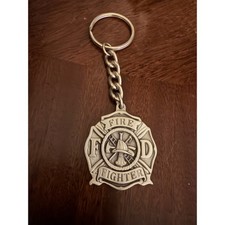 Fire Fighter FD Maltese Cross Fine Pewter Keychain Silver Tone Fireman Gift picture