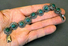 Vintage Southwestern Style Malachite Flowers Mexican Sterli Silver Link Bracelet picture