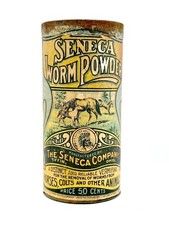 Vintage NICE 1906-1913 SENECA WORM POWDER TIN | HORSE QUACKERY w/Paper Label picture