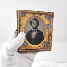 Antique Brass Cased Tintype Photo Man Beard Big Bowtie 1850s 1860s Civil War Era picture