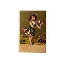 Antique postcard - Girl feeding birds picture