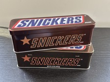 2 SNICKERS MARS BRAND CANDY Brown Collectible Tins With Attached Lids picture
