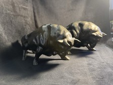 Two Vintage Ceramic Dark Glaze Bull Figurines 10” picture