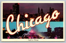 Vintage Night in Chicago Skyline Postcard with Fountain Scene picture