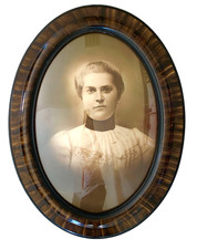 Antique Oval Curved Bubble Convex Glass Portrait Tiger Stripe Wood Picture Frame picture