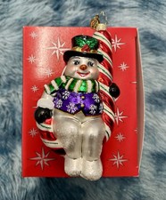 Vintage christopher radko christmas ornament Snowman Swinging On Candy Cane picture