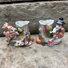 VTG 1995 Fitz & Floyd Paint Party Candle Holders Pair Bunny Fox Thanksgiving picture