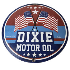 Vintage Dixie Motor Oil Sign - Service Gas Pump Porcelain American Flags Sign picture