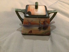 Antique Nippon Moriage Sugar Bowl w/Lid Sharp Corner Square Windmill Green M picture