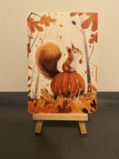 Postcard Theme Card Squirrel Standing on Pumpkin in Forest Autumn Animals Art picture