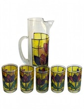Vintage 70s Stained Glass Tulip Pitcher + 4 Glasses Set - Yellow Purple 5 Pc picture